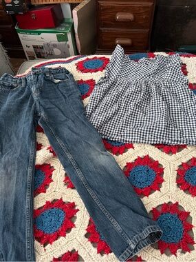 urban pipeline Blue Denim Jeans with Red and White Crochet Trim and gingham top